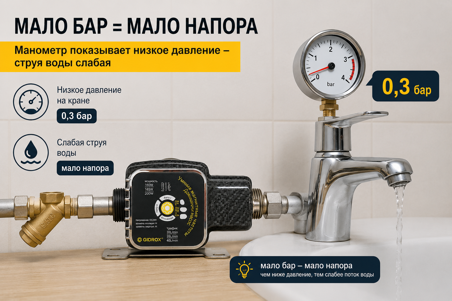 манометр, накрученный на кран, показывает низкое давление рядом со слабой струйкой воды — наглядная иллюстрация «мало бар = мало напора»