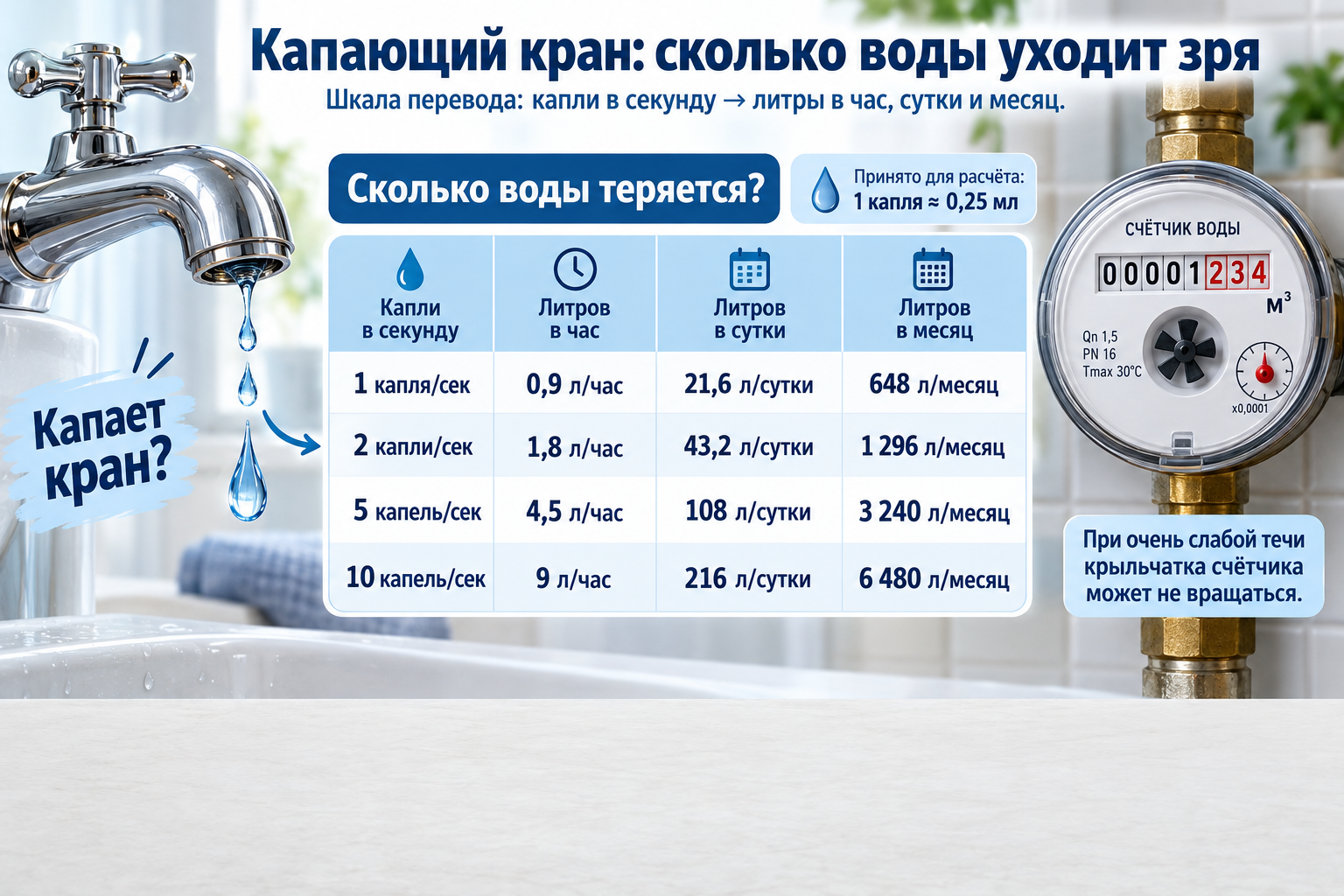 инфографика-таблица с капающим краном слева и шкалой перехода «капли в секунду → литры в час, сутки, месяц», рядом счётчик воды с неподвижной крыльчаткой