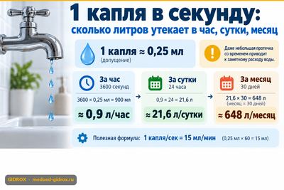 1 капля в секунду: сколько литров утекает в час, сутки, месяц