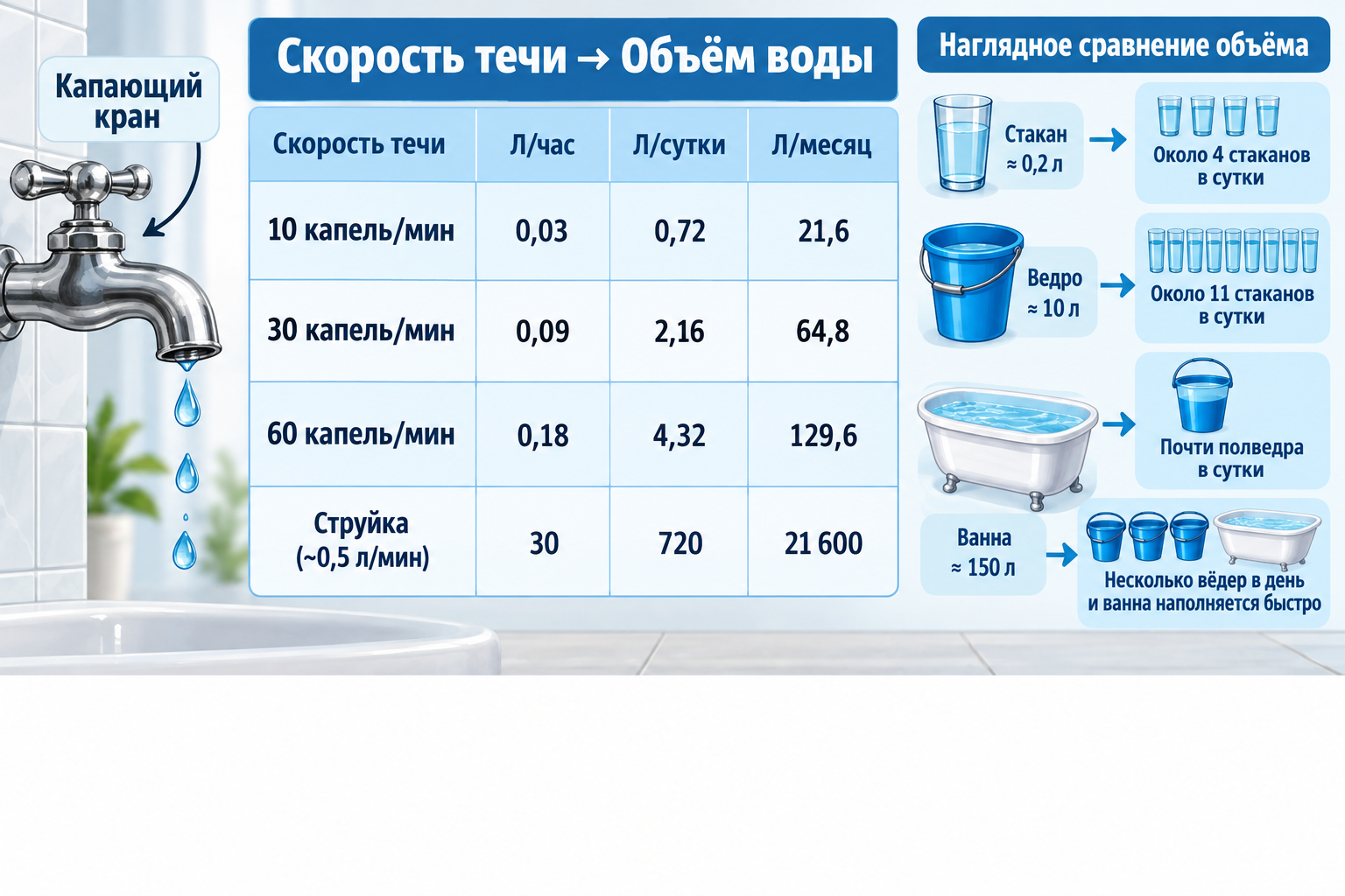 Таблица-инфографика «от капель к литрам»: кран с падающими каплями слева и наглядное сравнение объёма воды (стакан, ведро, ванна) справа для разных скоростей течи — 10, 30, 60 капель в минуту и струйк