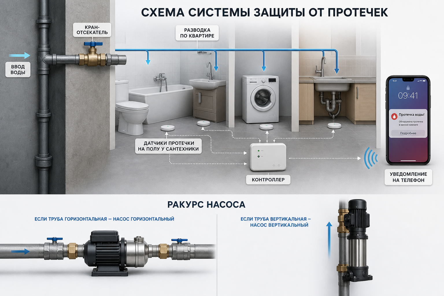 Схема системы защиты от протечек: ввод воды → кран-отсекатель → разводка по квартире → датчики протечки на полу у сантехники → стрелка к контроллеру → уведомление на телефон.