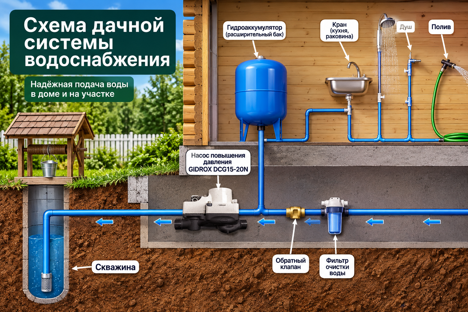 Схема дачной системы водоснабжения на разрезе дома: скважина, фильтр, обратный клапан на горизонтальном участке трубы, насос повышения давления, гидроаккумулятор и точки разбора воды (кран, душ, полив