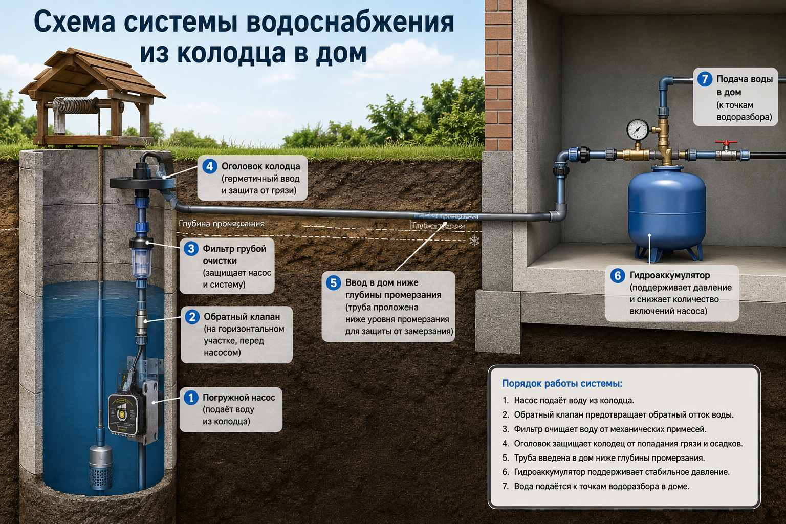 схема системы водоснабжения из колодца в дом с подписанными узлами: оголовок, погружной насос, обратный клапан на горизонтальном участке, фильтр, гидроаккумулятор, ввод в дом ниже глубины промерзания