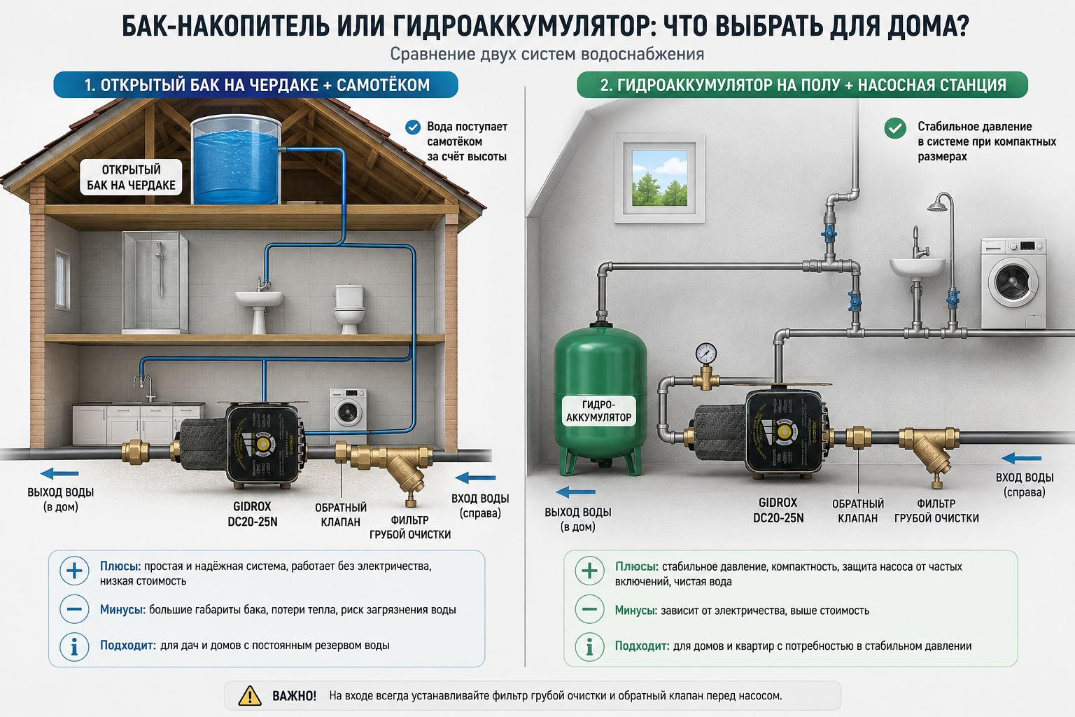сравнительная схема двух систем — открытый бак-накопитель на чердаке с самотёчной подачей воды рядом с герметичным гидроаккумулятором на полу возле насосной станции