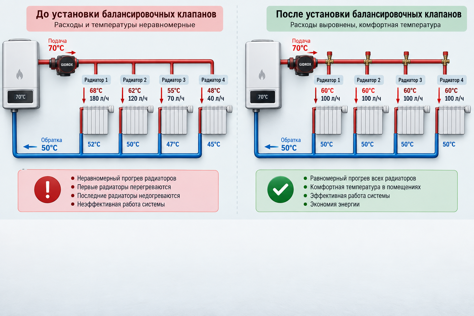 схема контура отопления с несколькими радиаторами, где показаны разные значения расхода и температуры до и после установки балансировочных клапанов