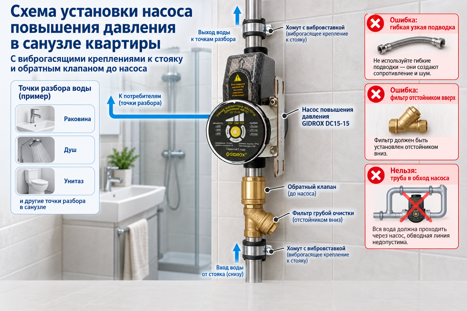 Схема установки насоса повышения давления в санузле квартиры с виброгасящими креплениями к стояку и обратным клапаном до насоса