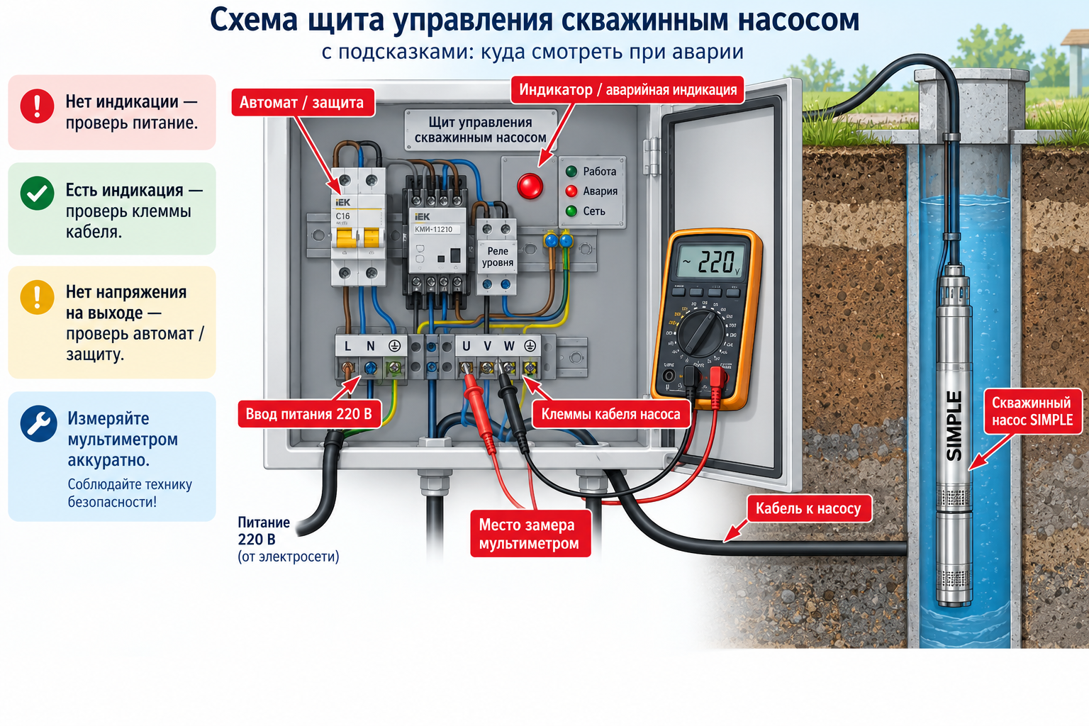 Схема щита управления скважинным насосом с подсказками-стрелками: куда смотреть при аварии — индикатор, клеммы кабеля, место замера мультиметром