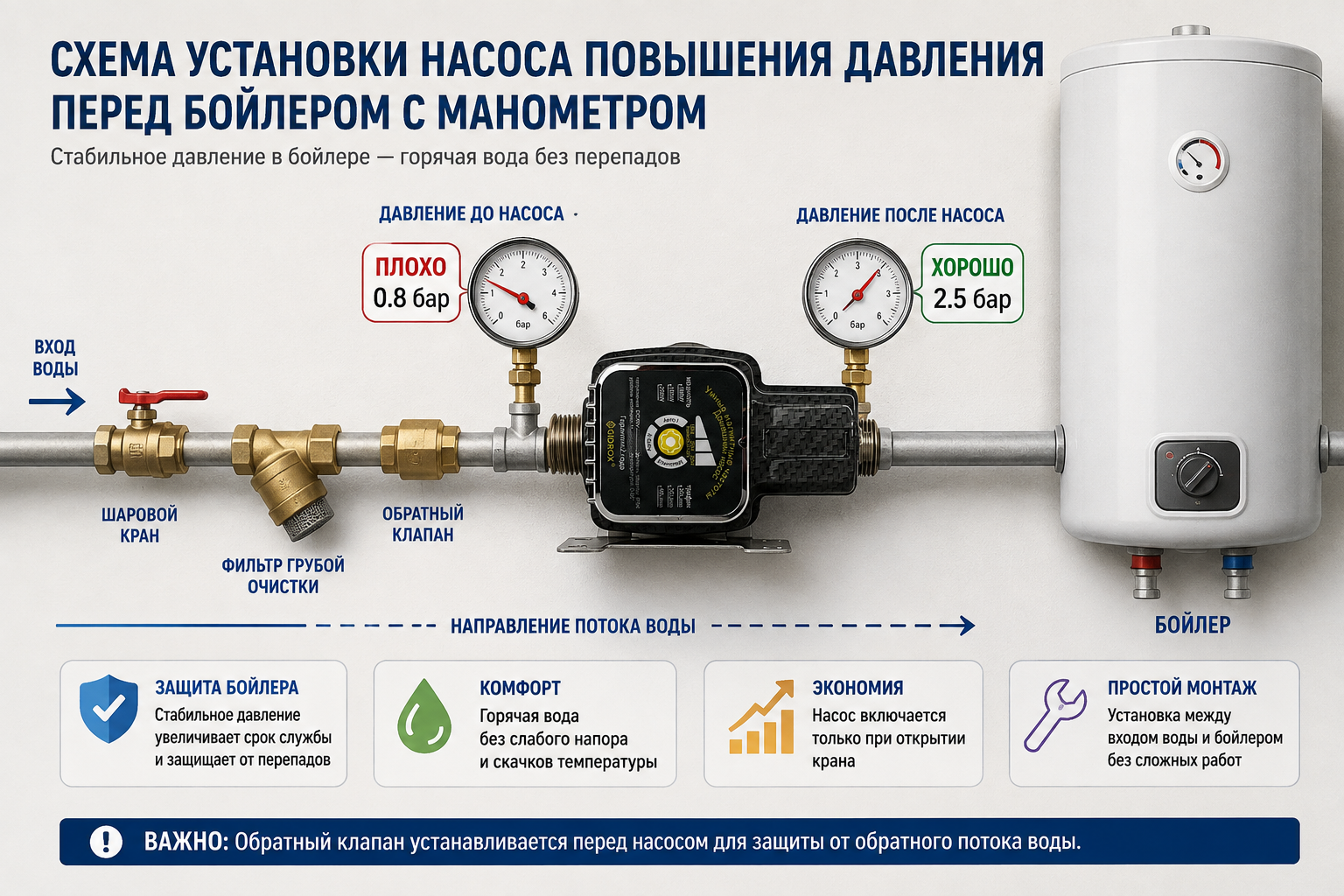 Схема установки насоса повышения давления перед бойлером с манометром, показывающим давление до и после подключения
