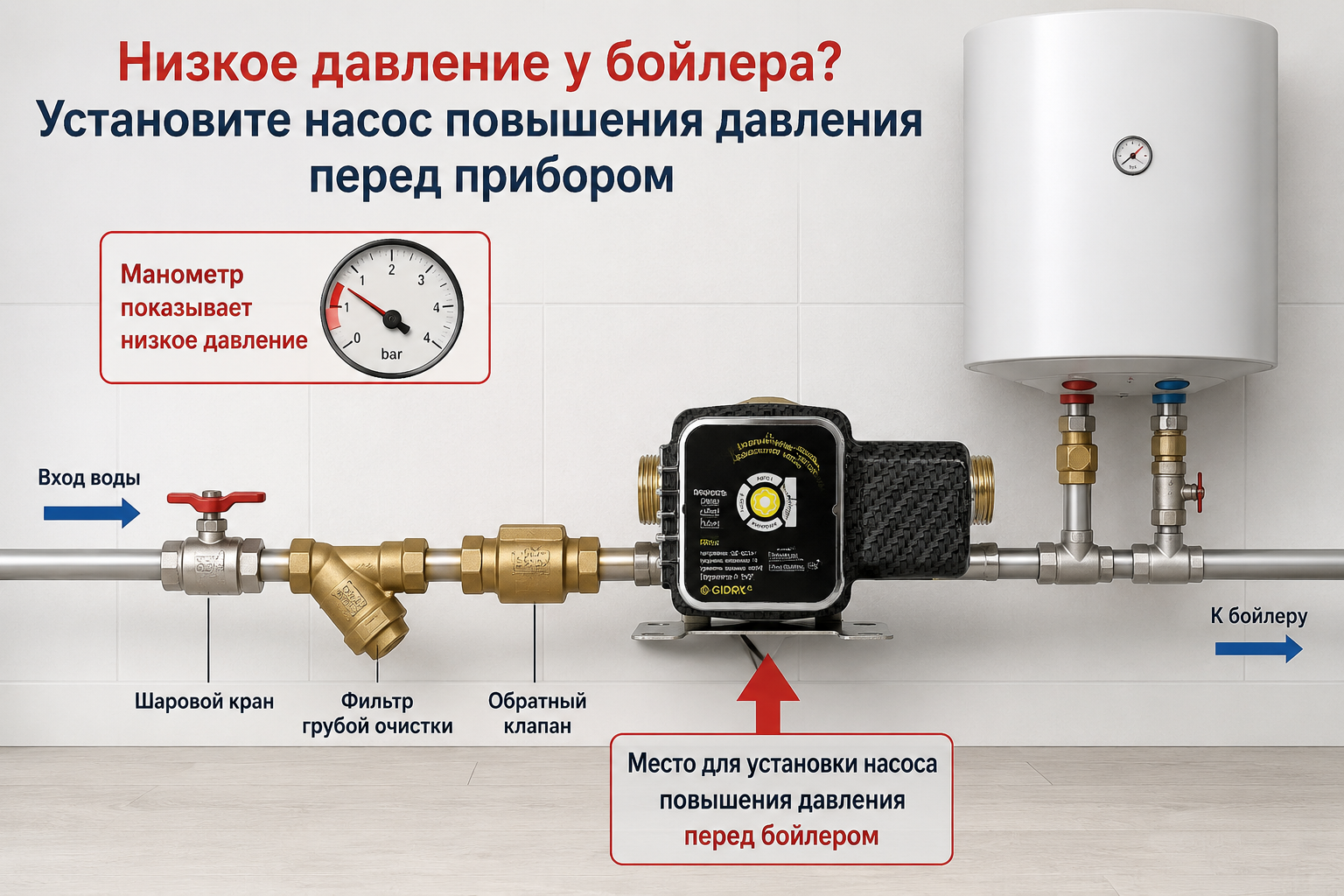 манометр с низким давлением рядом с бойлером и стрелка на место установки насоса повышения давления перед прибором