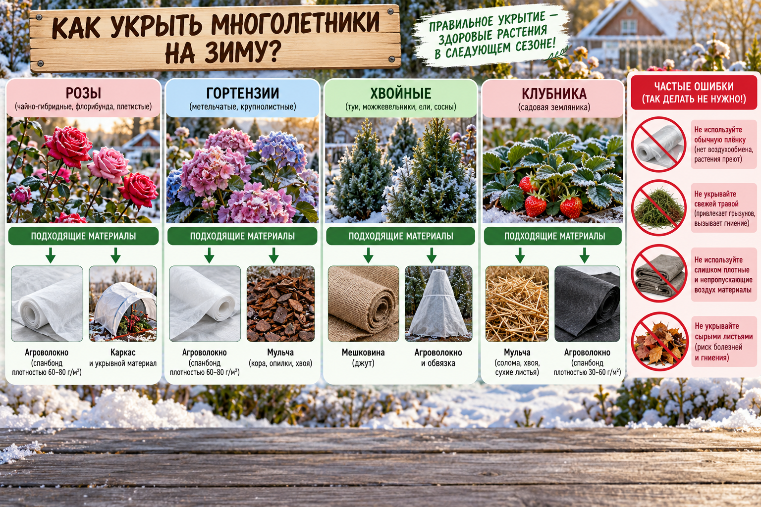 таблица-схема с разными многолетниками (розы, гортензии, хвойные, клубника) и подходящим материалом укрытия рядом с каждым