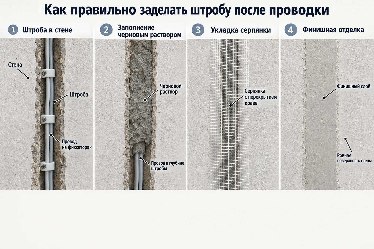пошаговая схема сечения стены со штробой — провод на фиксаторах в глубине канавки, слой чернового раствора, полоса серпянки с перекрытием краёв и финишный слой сверху
