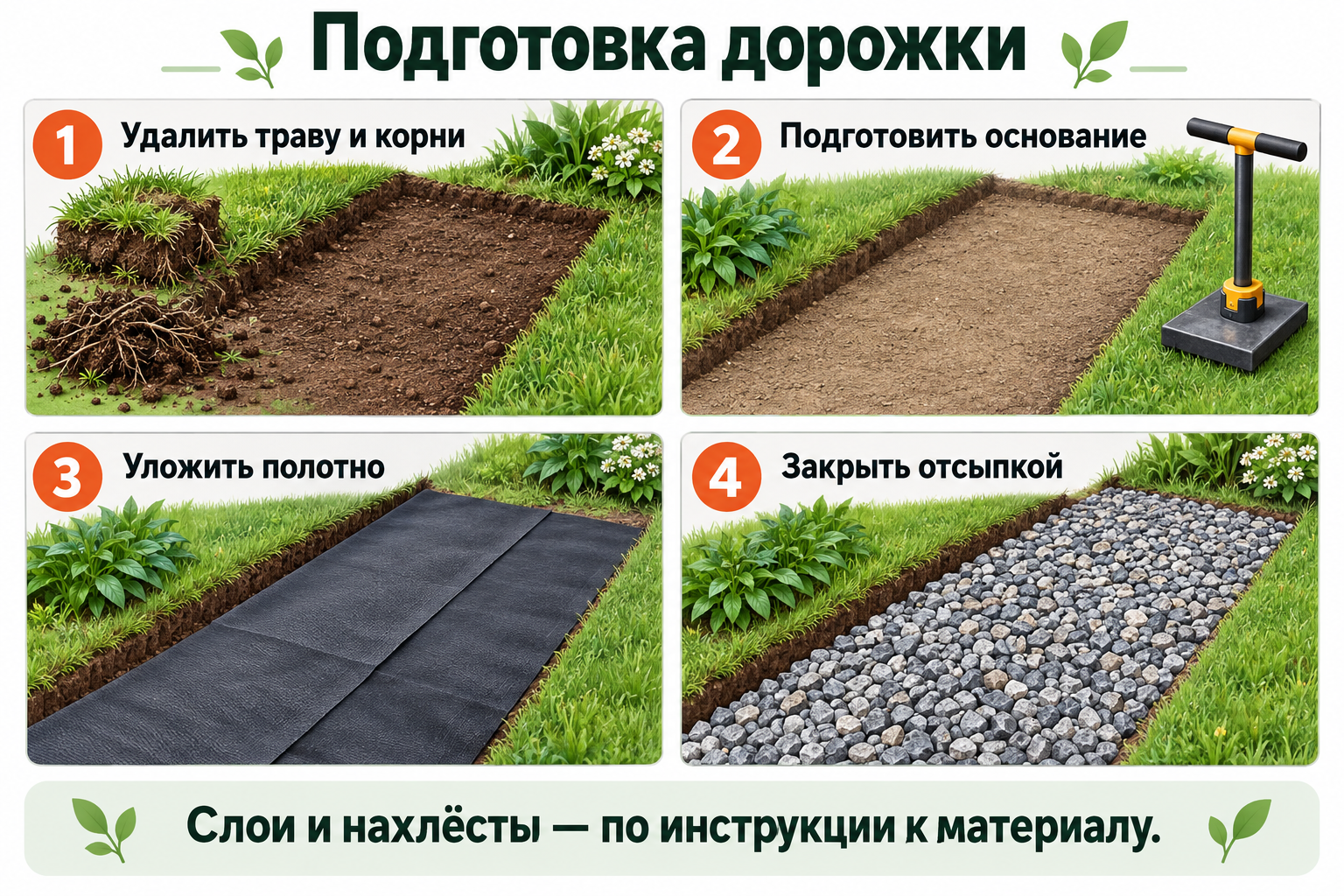 Подготовка простой пешеходной дорожки: очистка, основание, полотно и отсыпка. Конструкцию выбирают по грунту и нагрузке.