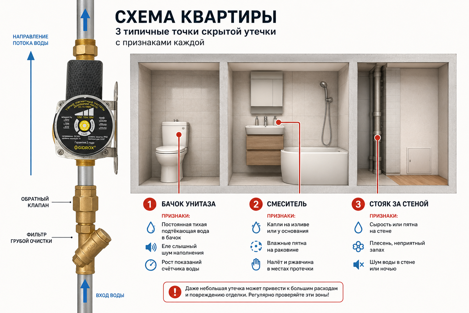 Схема квартиры с указанием трёх типичных точек скрытой утечки — бачок унитаза, смеситель, стояк за стеной — с подписанными признаками каждой