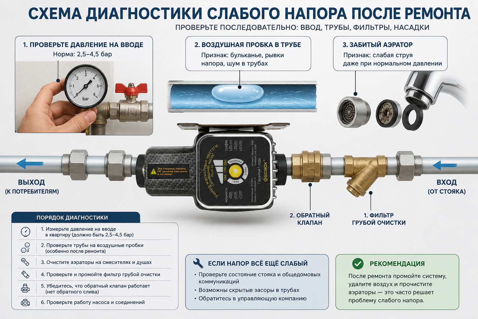 Схема диагностики слабого напора после ремонта — рука с манометром на вводном кране в квартиру, рядом разрез трубы с воздушной пробкой и забитым аэратором