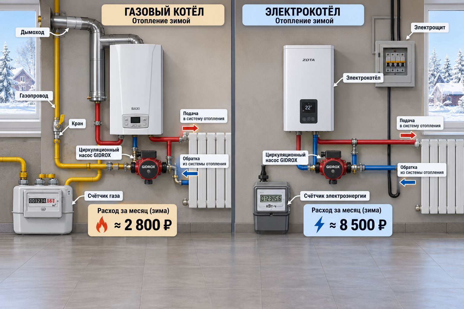сравнительная схема-таблица: слева газовый котёл с дымоходом и врезкой в газопровод, справа электрокотёл с электрощитом, под каждым — счётчик с суммой за месяц зимой