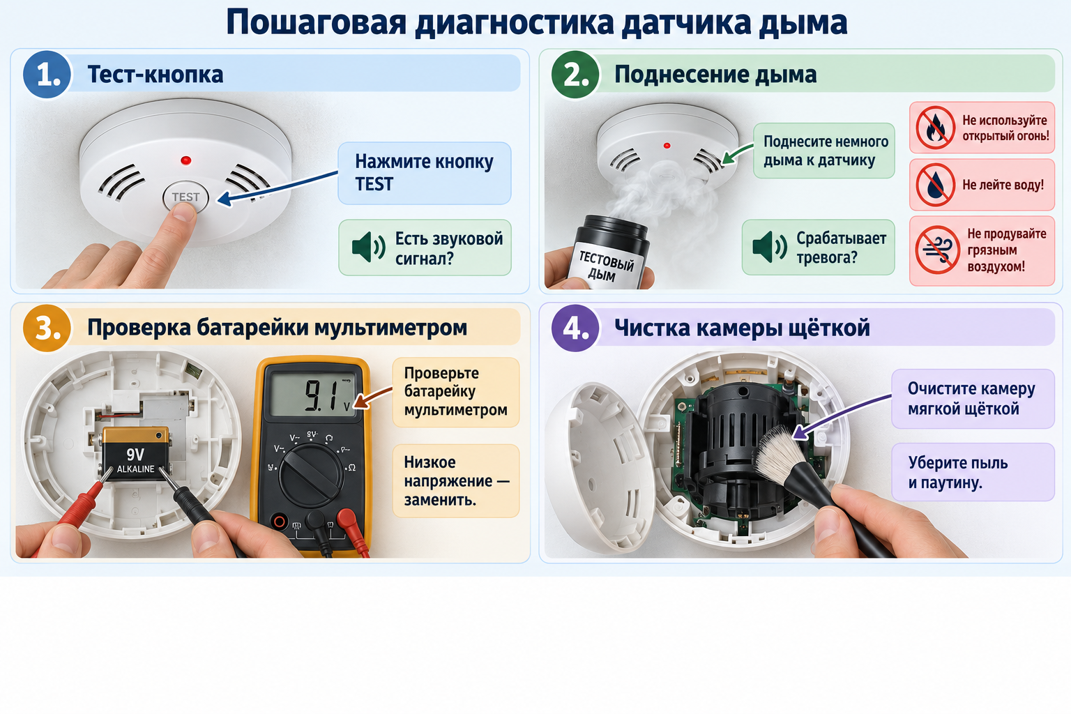 пошаговая инфографика диагностики датчика дыма — тест-кнопка, поднесение дыма, проверка батарейки мультиметром, чистка камеры щёткой
