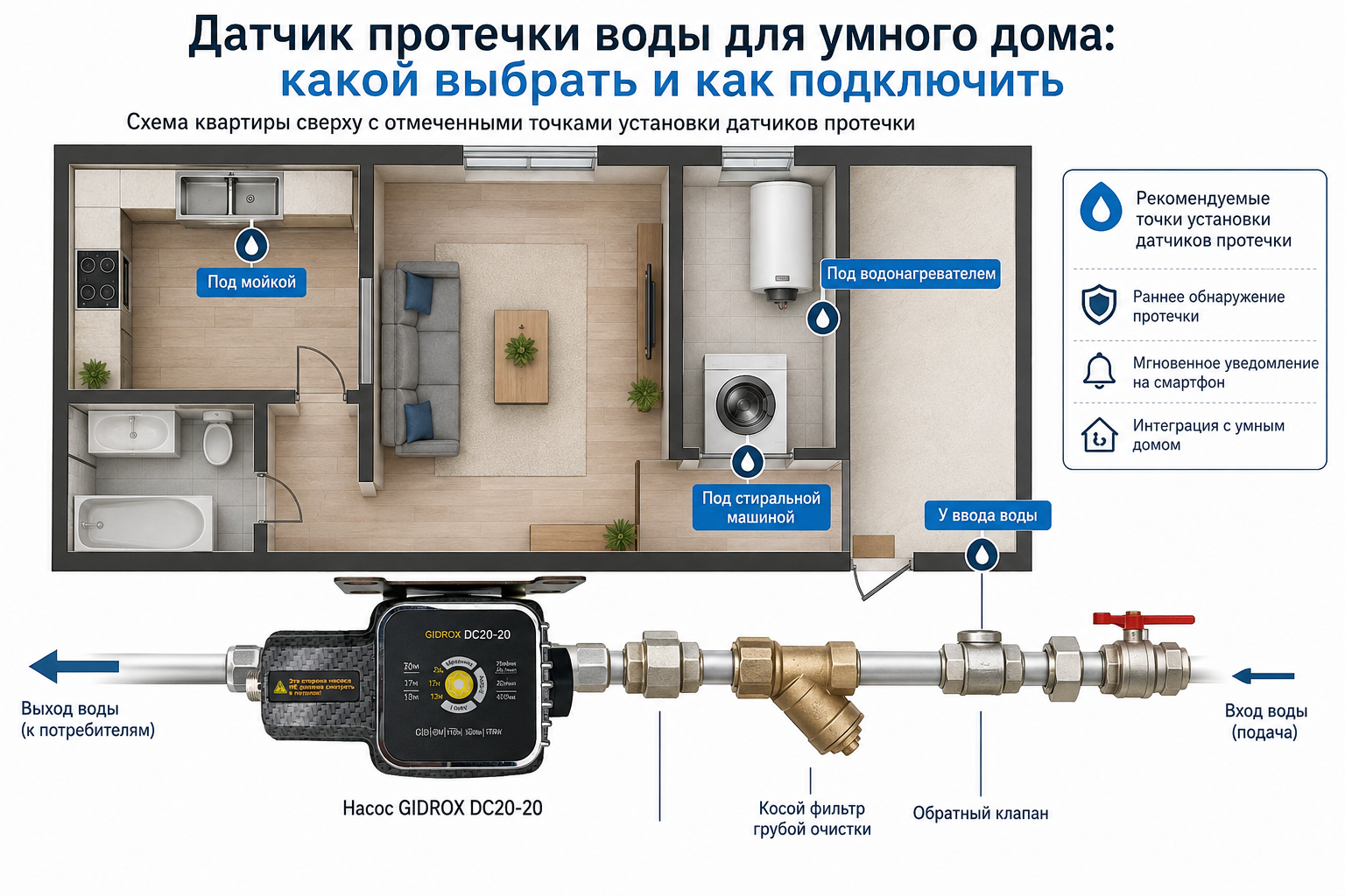 Схема квартиры сверху с отмеченными точками установки датчиков протечки — под мойкой, стиральной машиной, водонагревателем и у ввода воды.