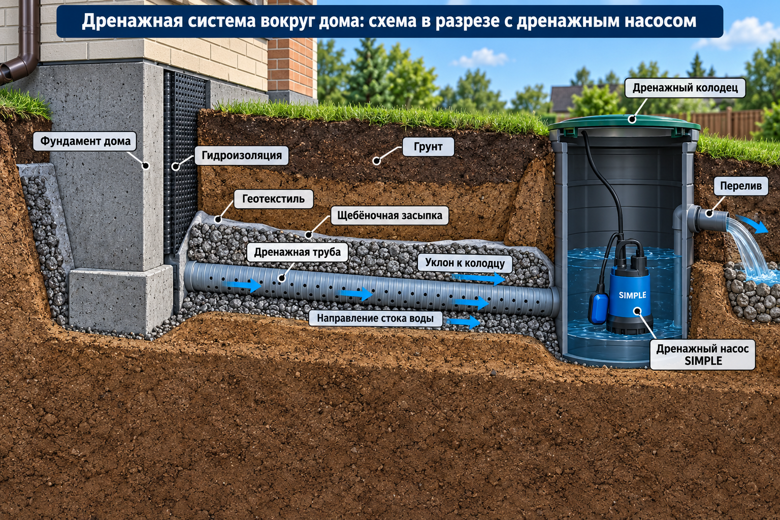 Схема дренажной системы вокруг дома в разрезе — труба с геотекстилем, щебёночная засыпка, уклон к колодцу с переливом