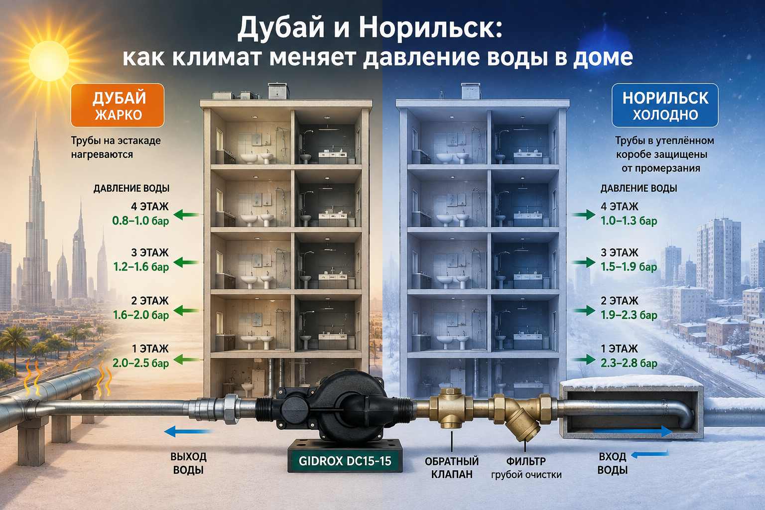 Сравнительная схема двух домов бок о бок — один в жарком городе с трубой на эстакаде под солнцем, другой в северном городе с утеплённым коробом труб на морозе, со стрелками давления воды на разных эта