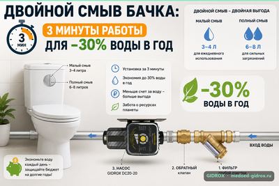 Двойной смыв бачка: 3 минуты работы для −30% воды в год