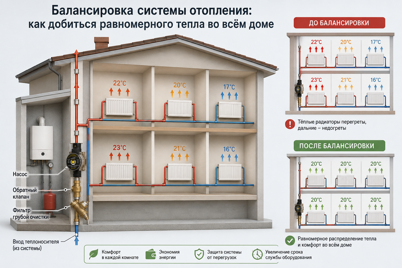 схема дома в разрезе с котлом и контуром отопления, где стрелками показано неравномерное распределение тепла по радиаторам до балансировки и равномерное после