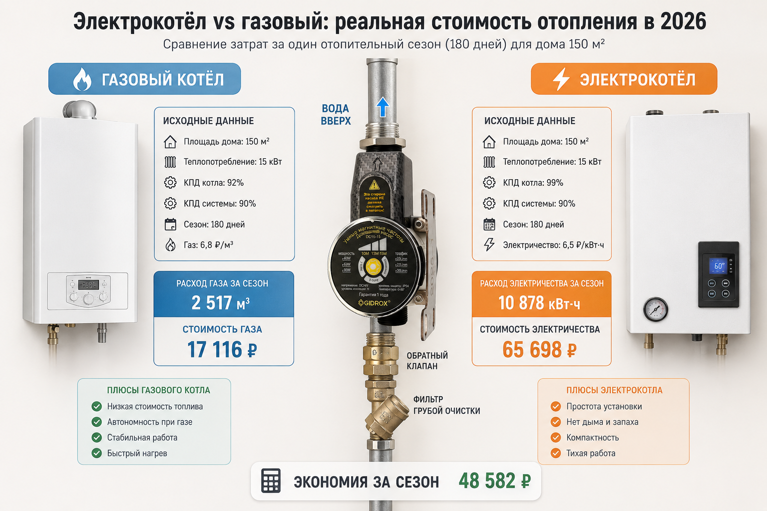 сравнительная схема-калькулятор — слева газовый котёл со счётом за отопительный сезон, справа электрокотёл со счётом за тот же период, наглядно показывающая разницу в деньгах