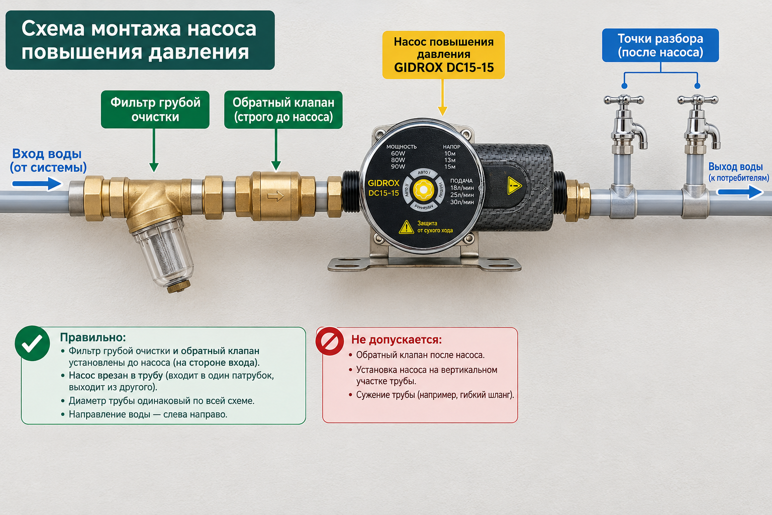Схема монтажа насоса повышения давления на трубе с обозначением места обратного клапана строго до насоса на горизонтальном участке