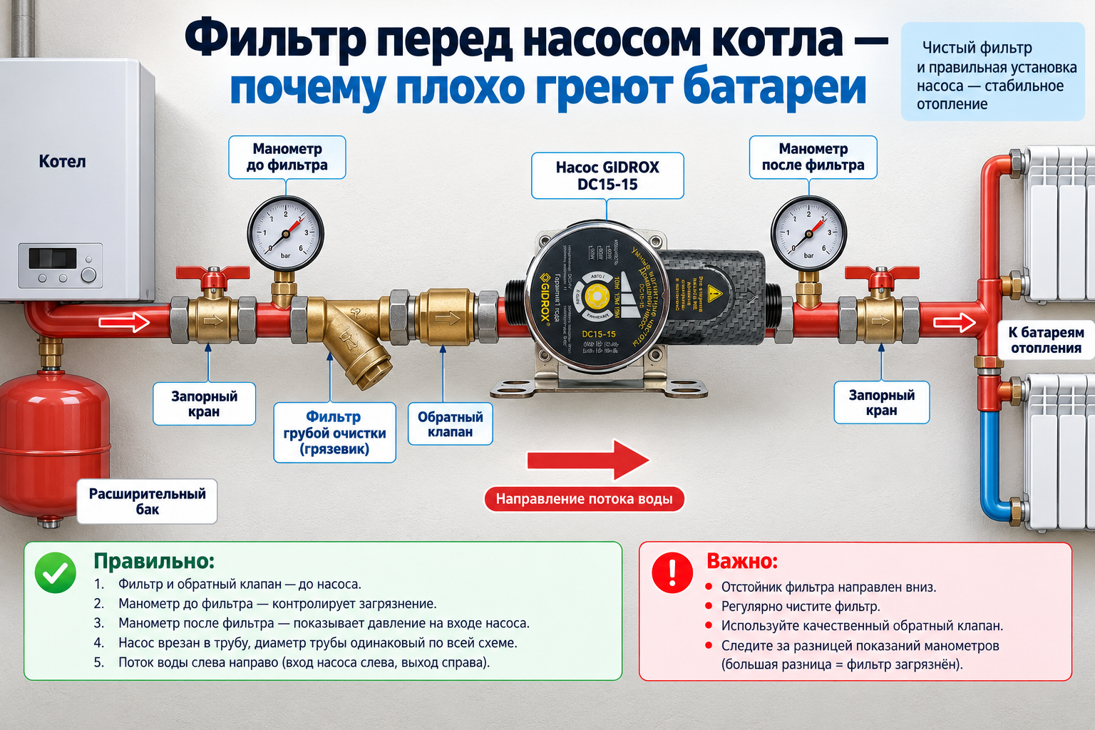 Схема контура отопления с указанием правильного места установки фильтра-грязевика перед насосом, со стрелкой направления потока и точками для манометров до и после фильтра