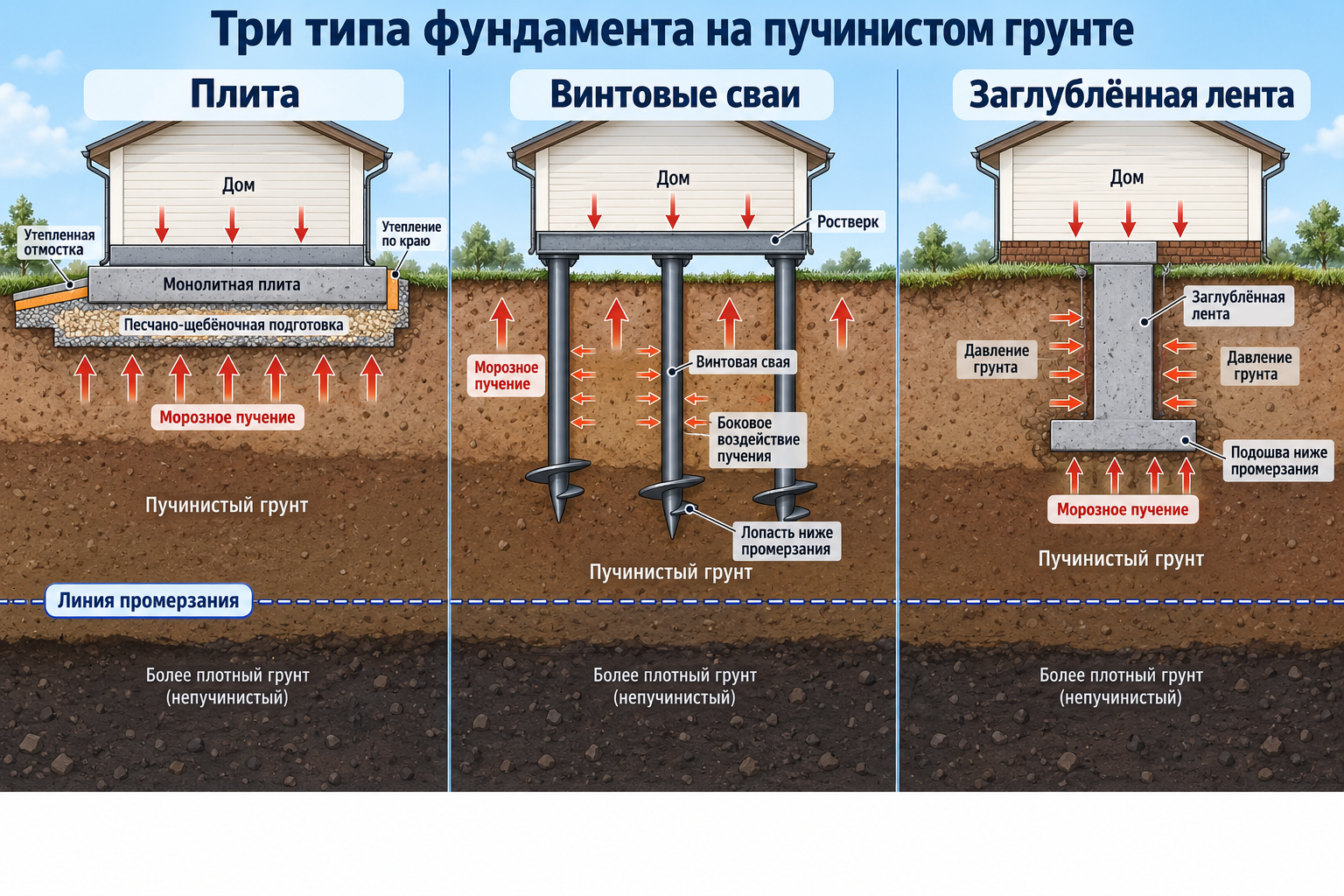 Сравнительная схема в разрезе: три типа фундамента (плита, винтовые сваи, заглублённая лента) на одном пучинистом грунте с линией промерзания и стрелками давления грунта