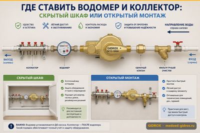 Где ставить водомер и коллектор: скрытый шкаф или открытый монтаж