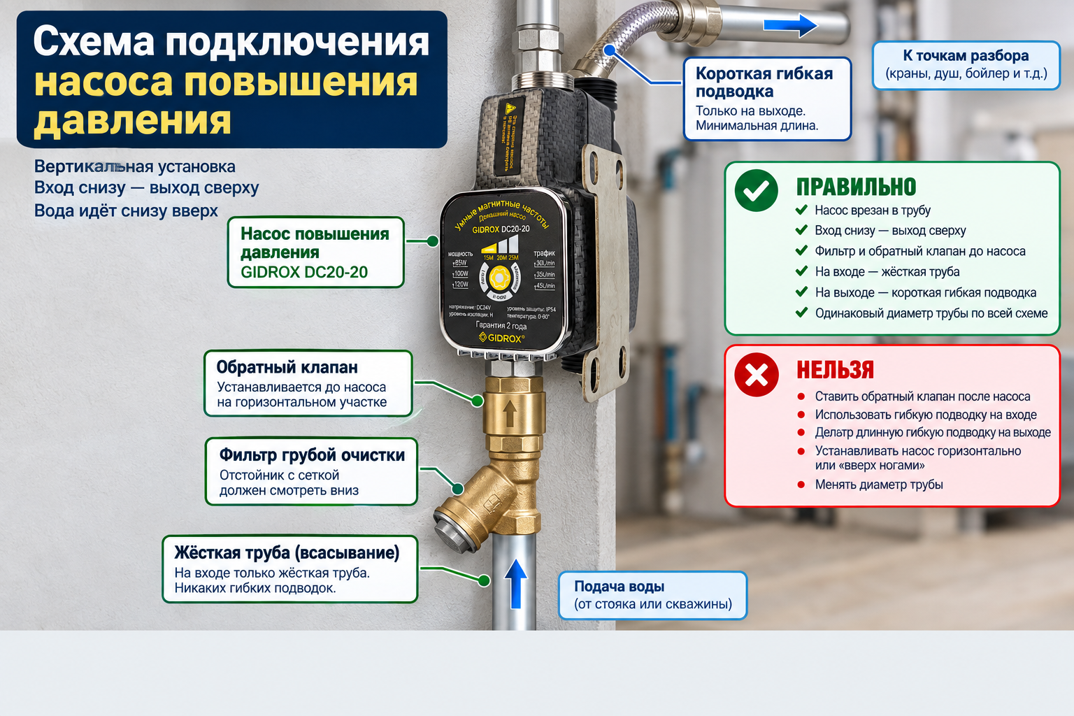 Схема подключения насоса повышения давления с обозначением жёсткой трубы на входе (всасывание) и короткой гибкой подводки на выходе, плюс место установки обратного клапана до насоса на горизонтальном