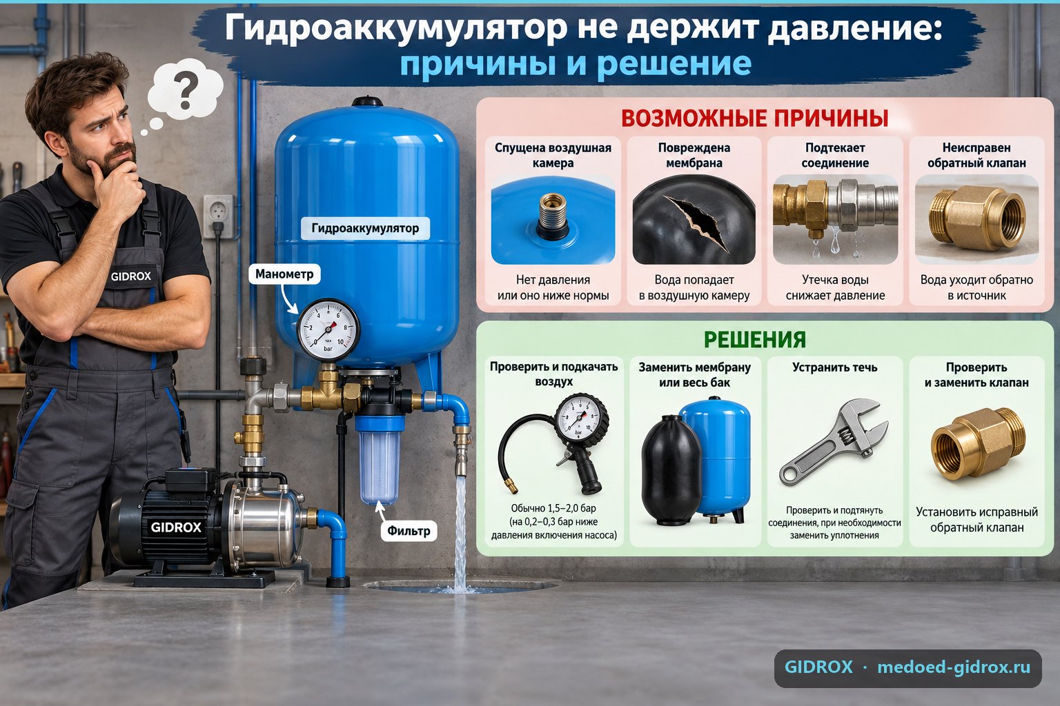 Гидроаккумулятор не держит давление: причины и решение