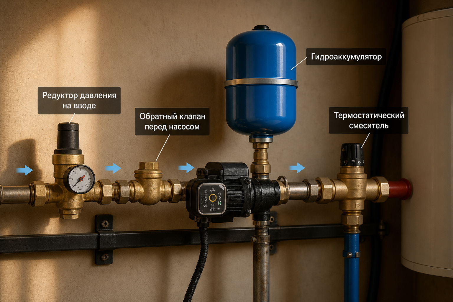 Схема защиты трубопровода от гидроудара: редуктор давления на вводе, обратный клапан перед насосом, гидроаккумулятор и термостатический смеситель — с подписями на каждом элементе и стрелками направлен