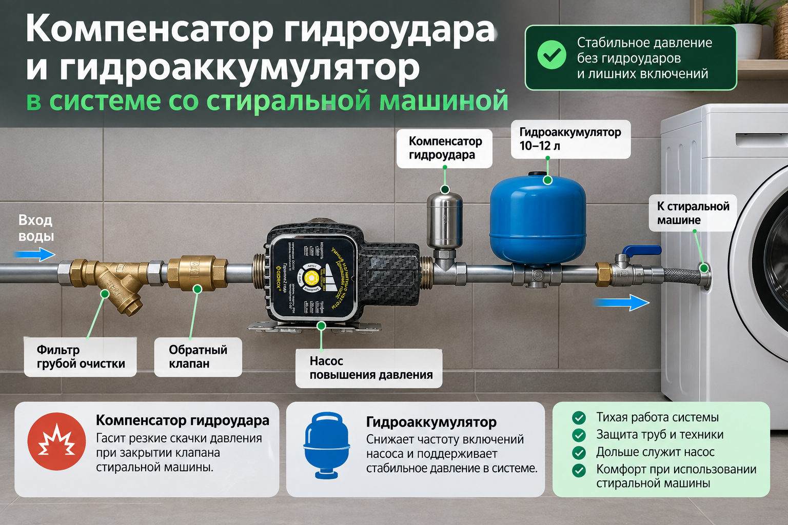 Схема установки компенсатора гидроудара и гидроаккумулятора на трубе рядом со стиральной машиной и насосом