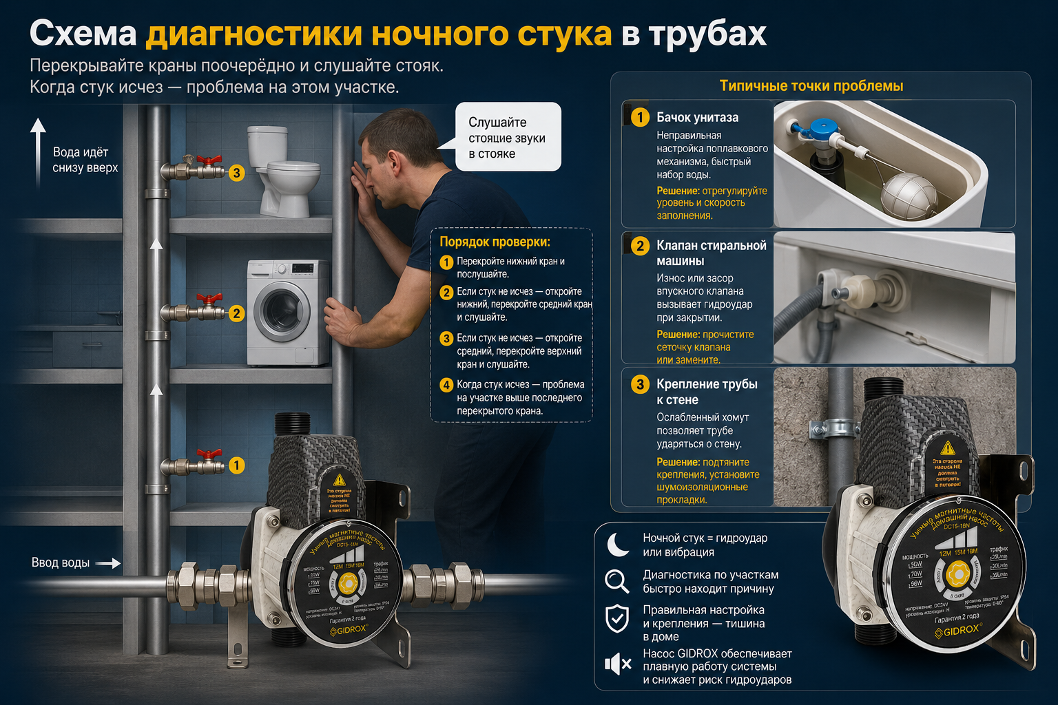 Схема диагностики ночного стука в трубах — человек поочерёдно перекрывает краны и слушает стояк, рядом отмечены типичные точки проблемы: бачок унитаза, клапан стиральной машины, крепление трубы к стен