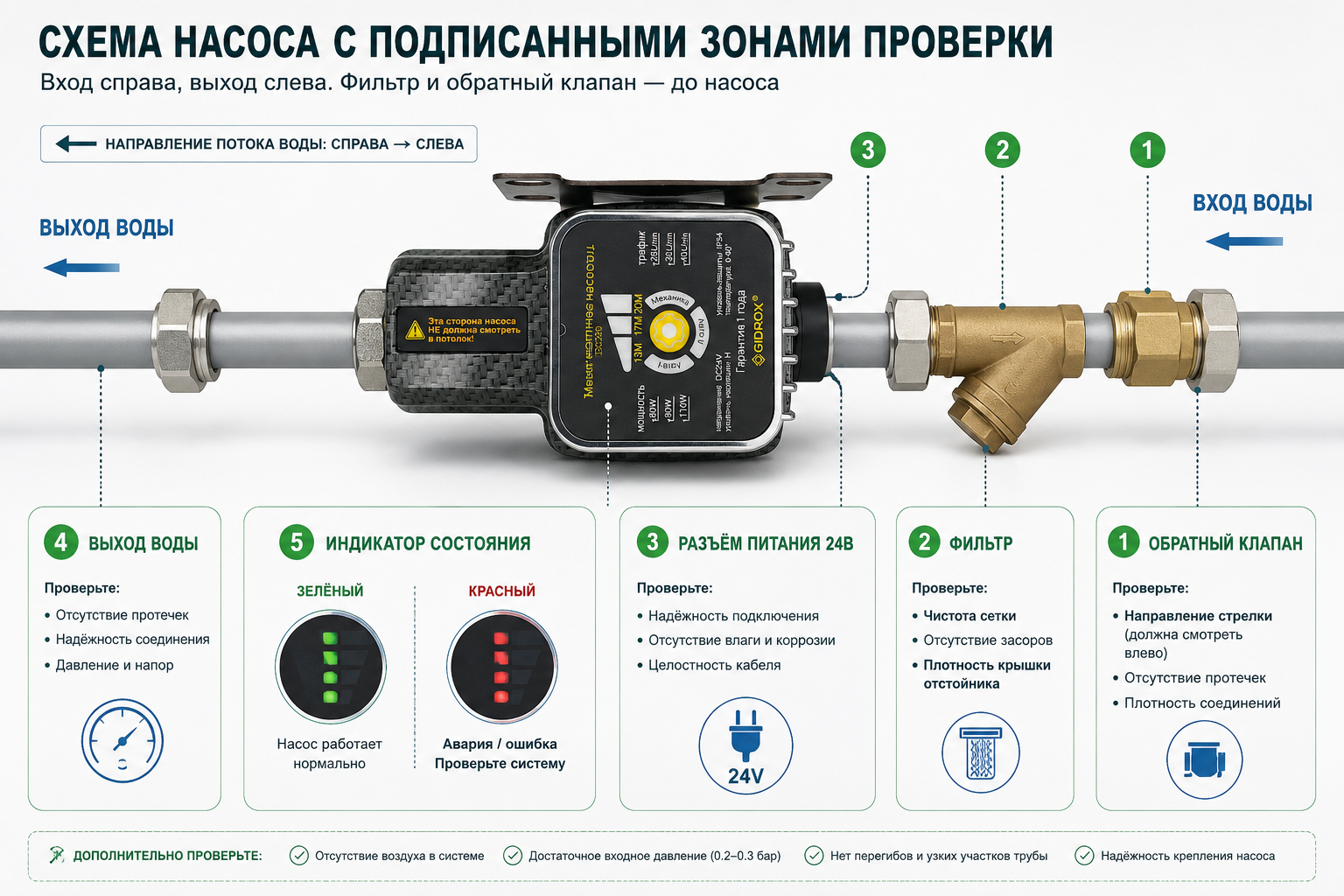 Схема насоса с подписанными зонами проверки — вход с обратным клапаном, фильтр, разъём питания 24В и индикатор с двумя состояниями (зелёный/красный)