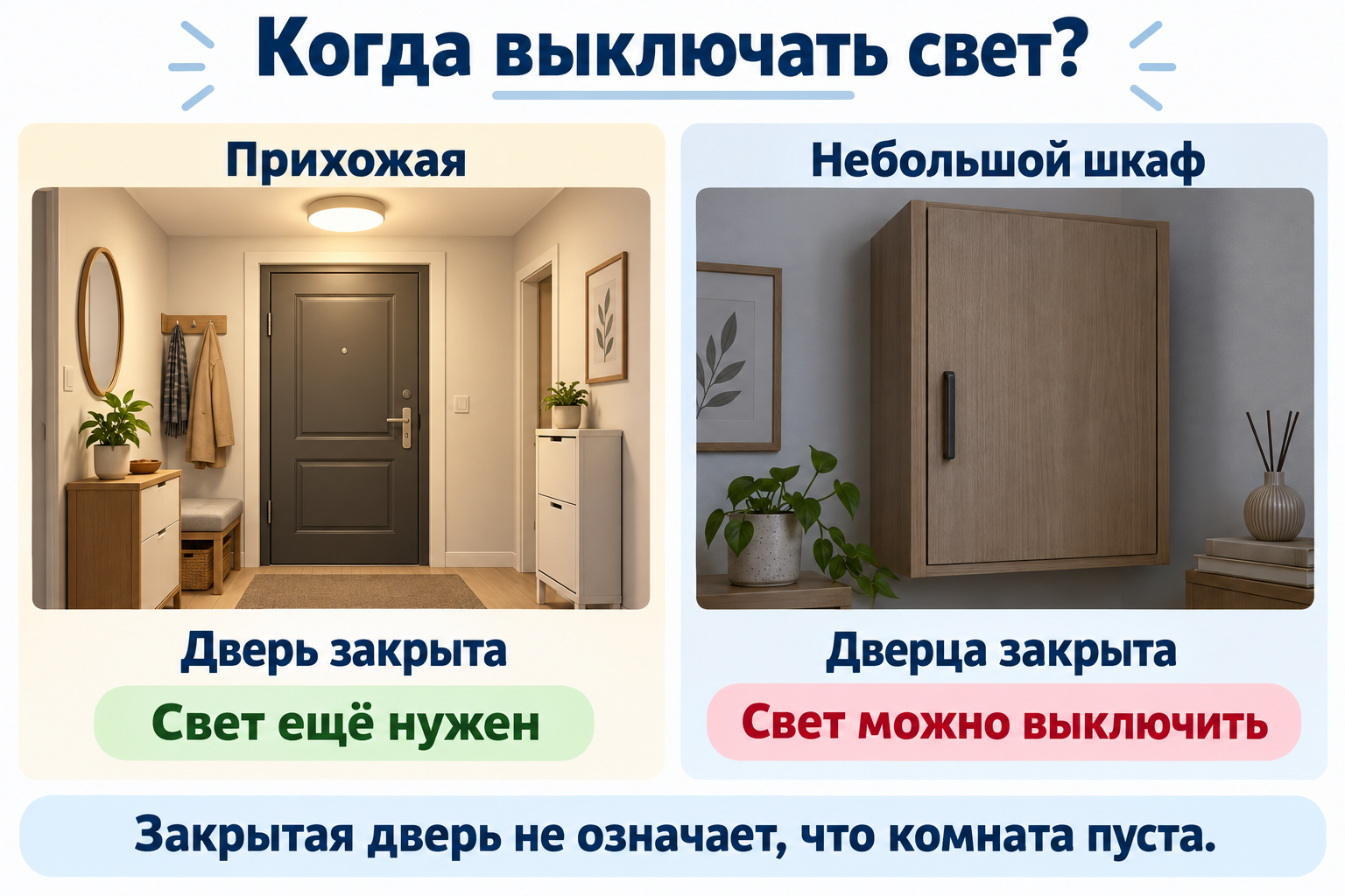 В прихожей закрытие двери не означает, что свет больше не нужен. Для небольшого шкафа без входа внутрь выключение по закрытию дверцы может подойти.