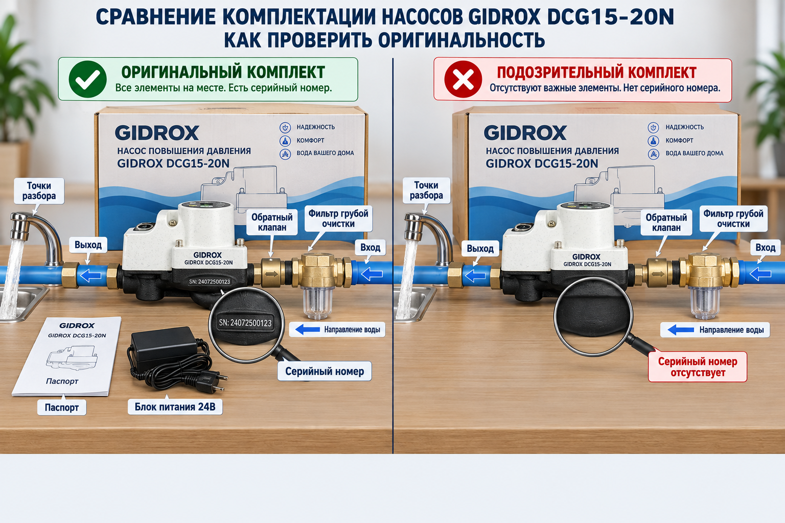 сравнение двух коробок насоса на столе — у одной рядом лежат паспорт, блок питания 24В и серийный номер на корпусе, у другой этого нет, с лупой на спорных местах