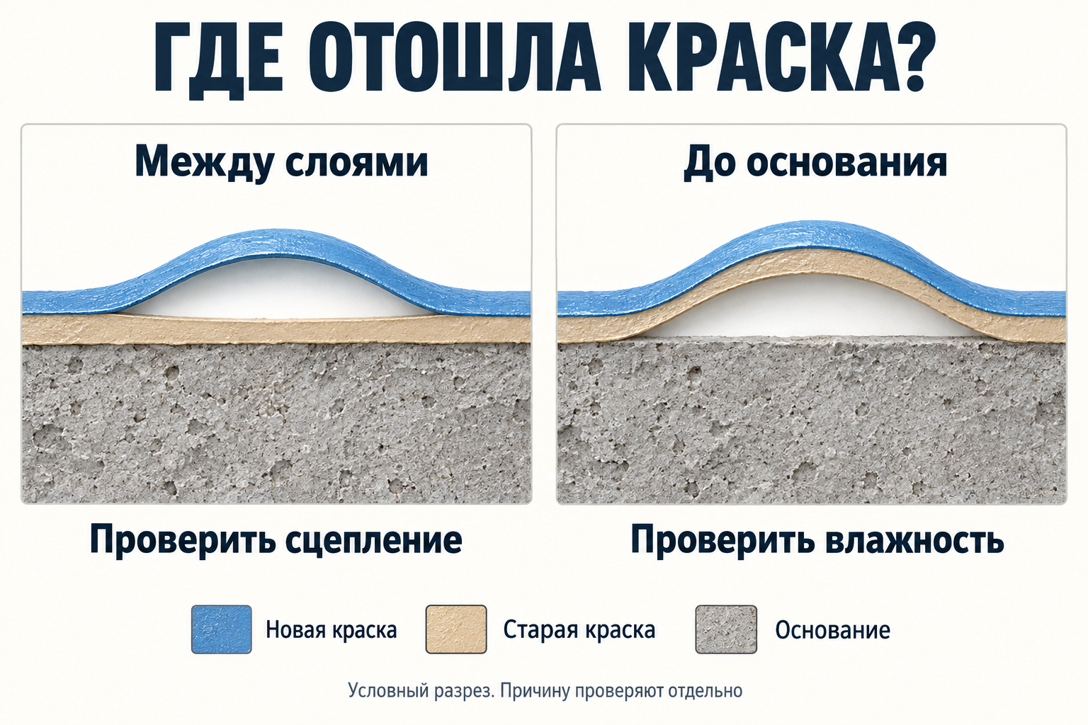 Условный разрез: слева отходит новый слой, справа покрытие отделяется до основания. Глубина отслоения помогает выбрать проверку, но не доказывает причину.