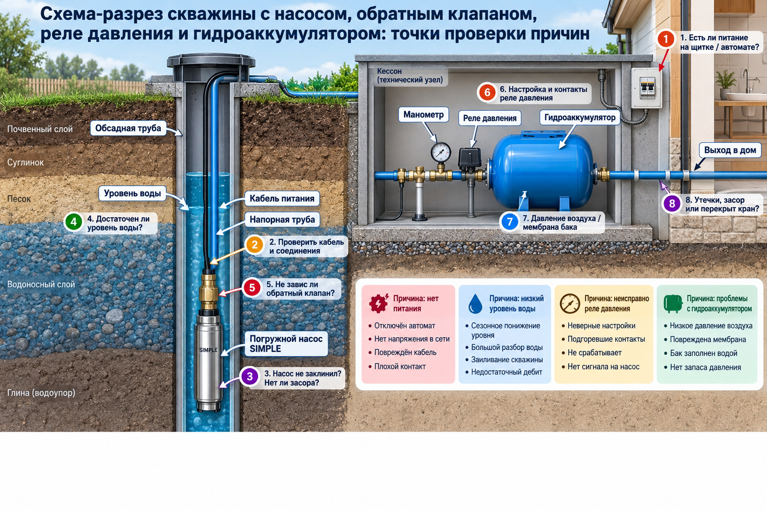 Схема-разрез скважины с насосом, обратным клапаном, реле давления и гидроаккумулятором с подписанными точками проверки каждой возможной причины
