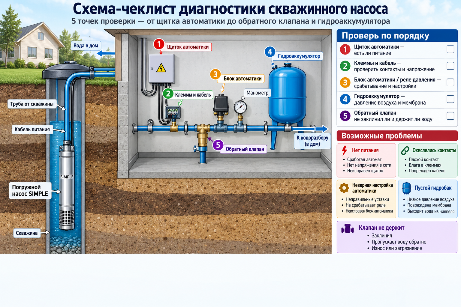 Схема-чеклист диагностики скважинного насоса с указанием пяти точек проверки — от щитка автоматики до обратного клапана и гидроаккумулятора