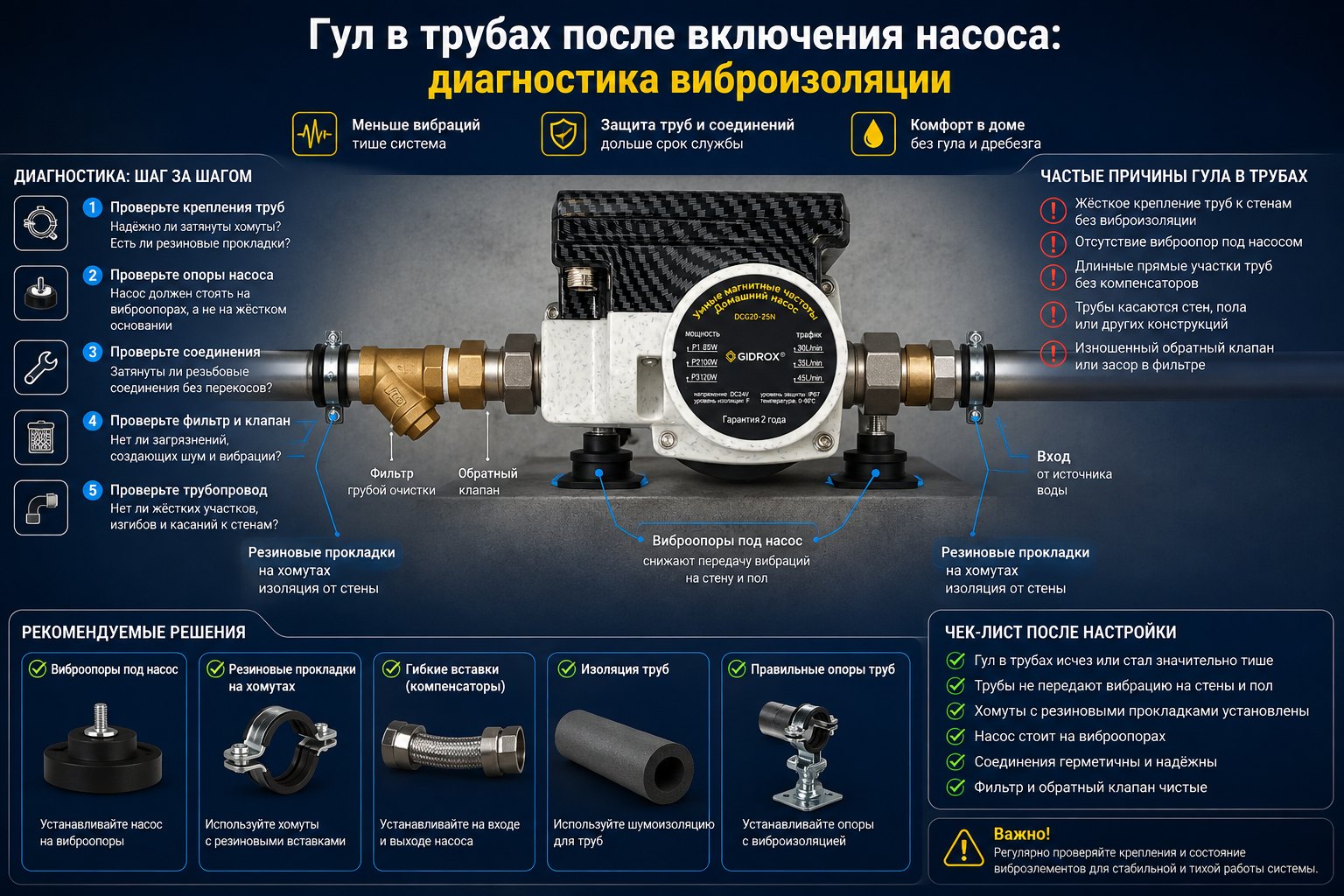 Гул в трубах после включения насоса: диагностика виброизоляции