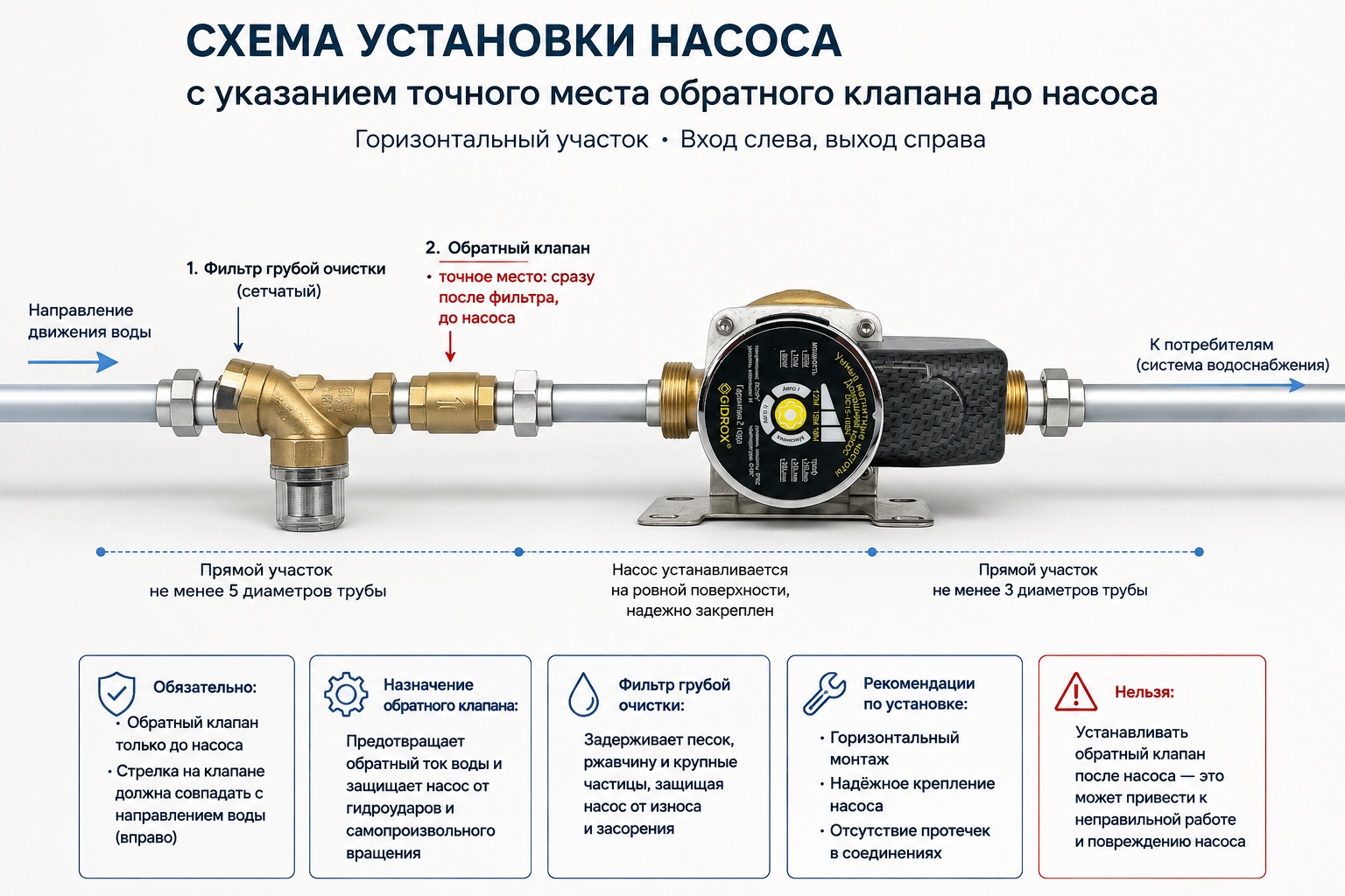 схема установки насоса с указанием точного места обратного клапана до насоса на горизонтальном участке трубы