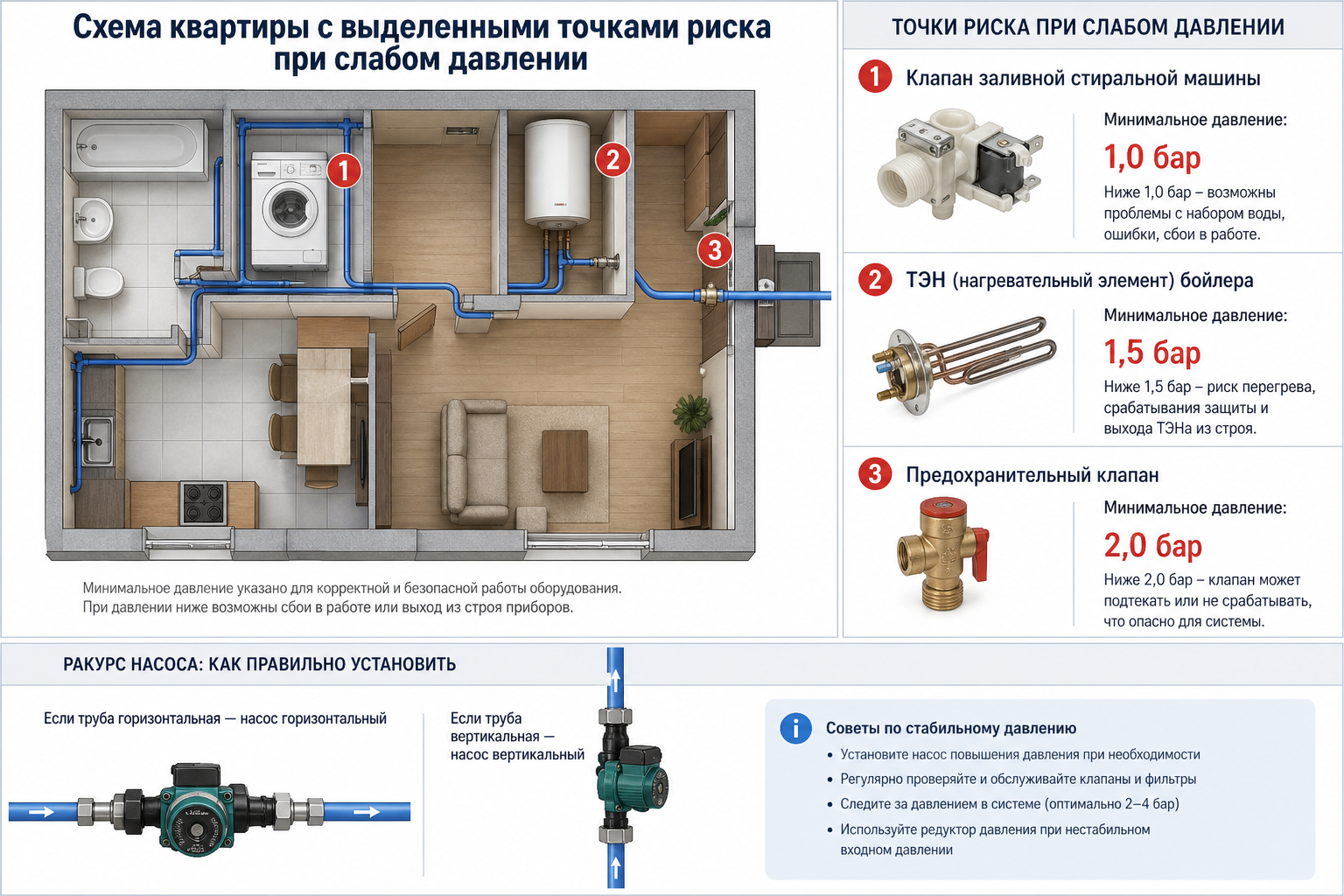 Схема квартиры с выделенными точками риска при слабом давлении: клапан стиральной машины, ТЭН бойлера, предохранительный клапан — с цифрами минимального давления (бар) для каждого прибора.