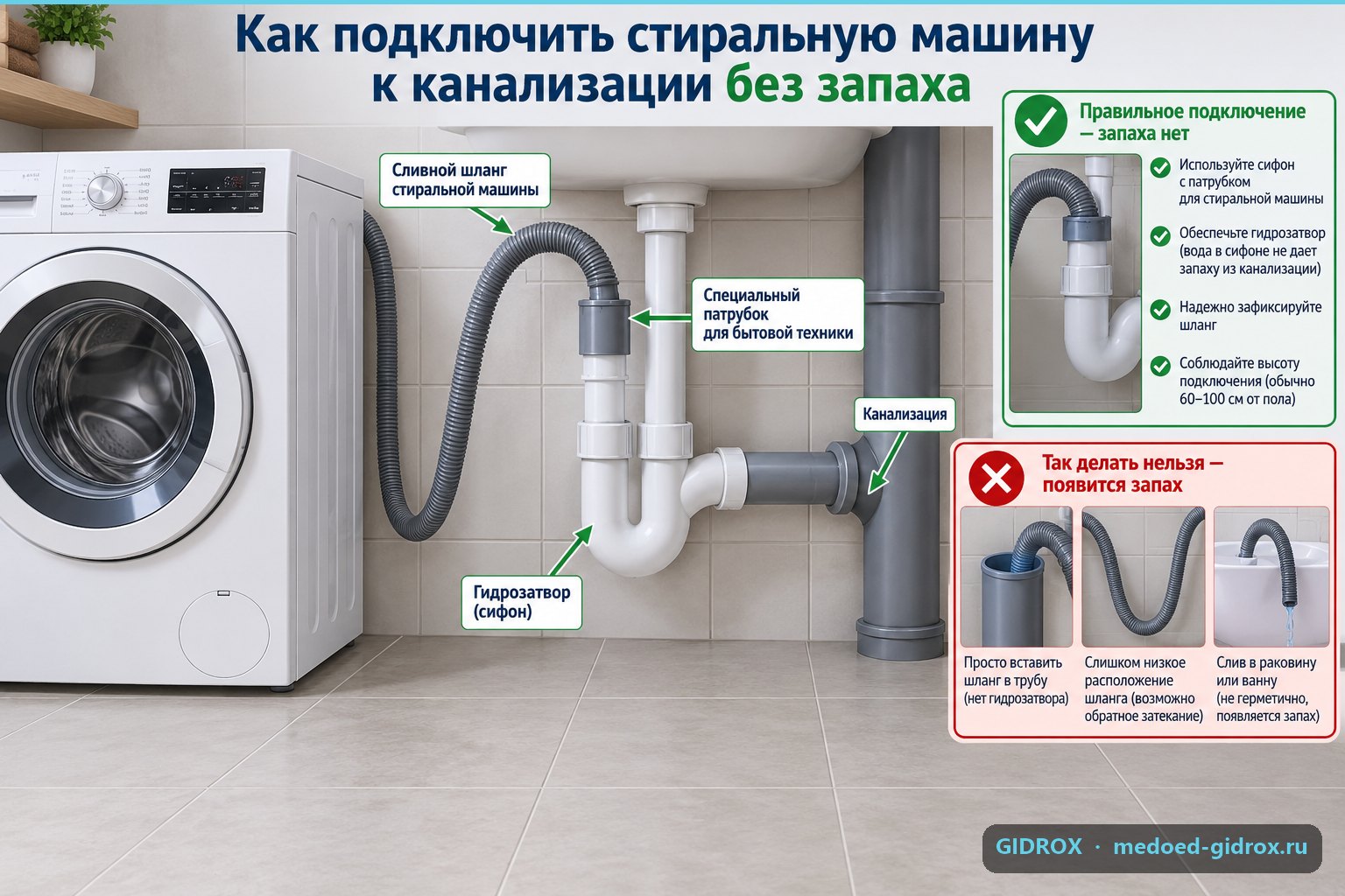 Как подключить стиральную машину к канализации без запаха