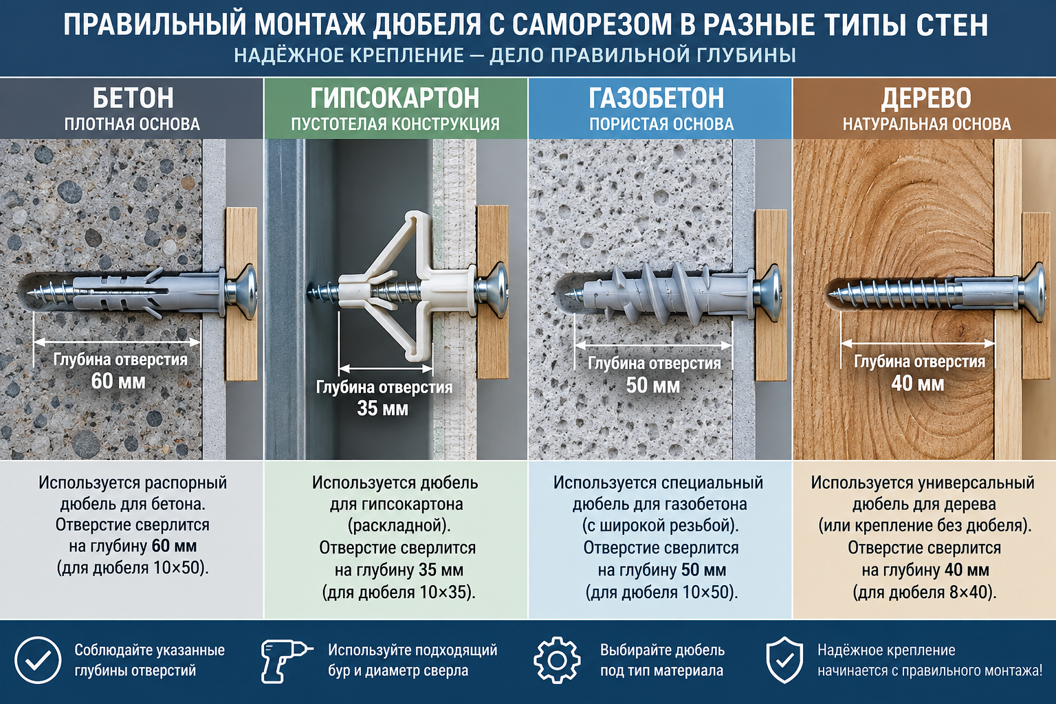 таблица-схема с разрезом четырёх типов стен (бетон, гипсокартон, газобетон, дерево), в каждой стене показан правильно установленный дюбель с саморезом и подписана глубина отверстия