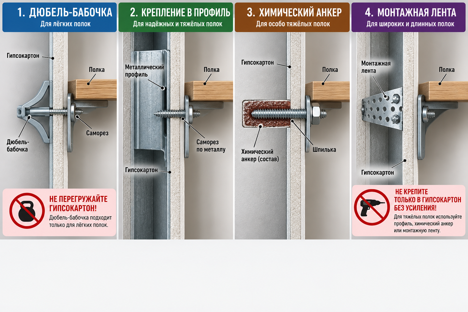 сравнительная схема четырёх способов крепления полки на гипсокартон в разрезе стены — дюбель-бабочка, крепление в профиль, химический анкер, монтажная лента