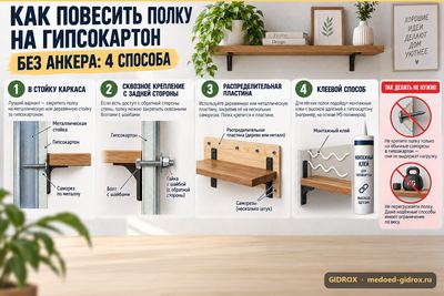 Как повесить полку на гипсокартон без анкера: 4 способа