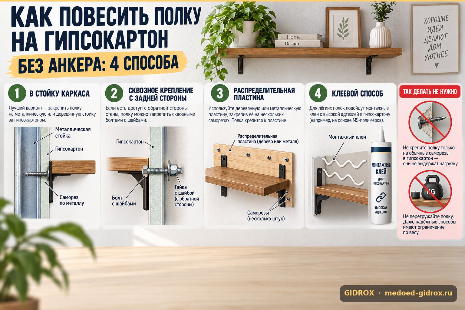 Как повесить полку на гипсокартон без анкера: 4 способа