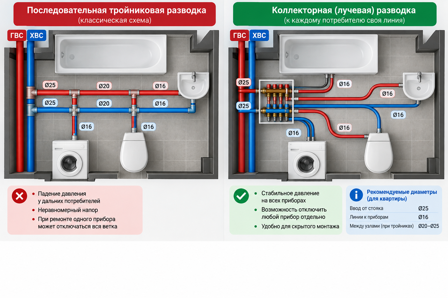 Схема санузла сверху с двумя вариантами разводки труб — последовательная тройниковая и коллекторная лучевая — с подписанными диаметрами на каждом участке